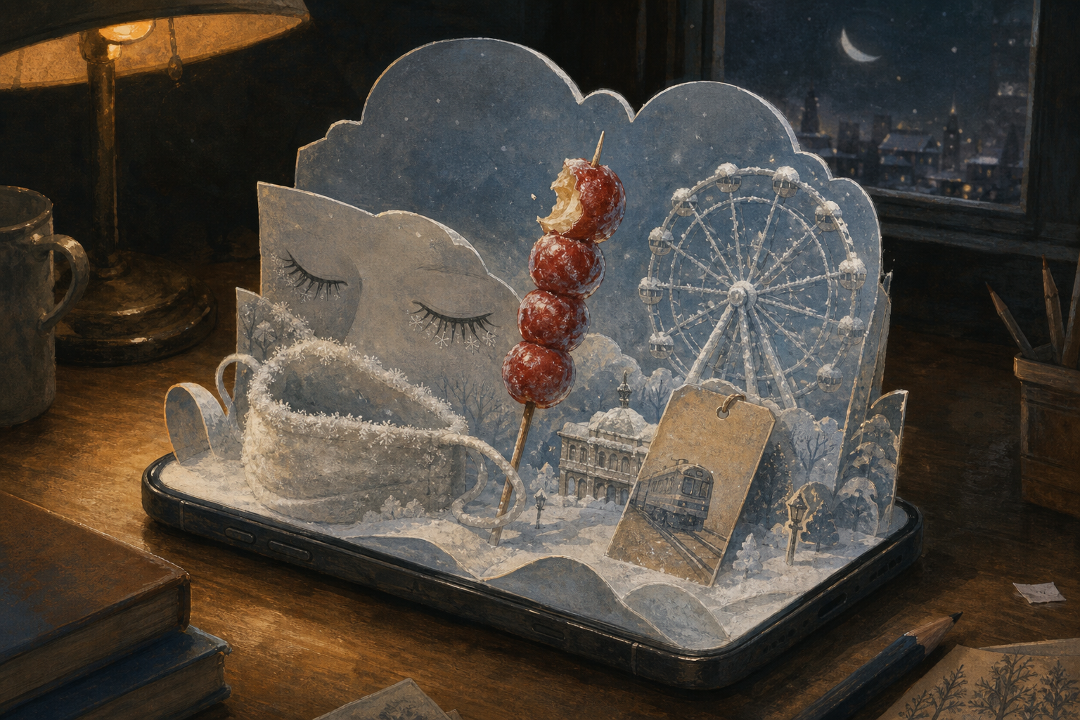 手机上展开一座雪地纸雕，里面有结霜口罩、冰糖葫芦、火车票和停在雪中的摩天轮